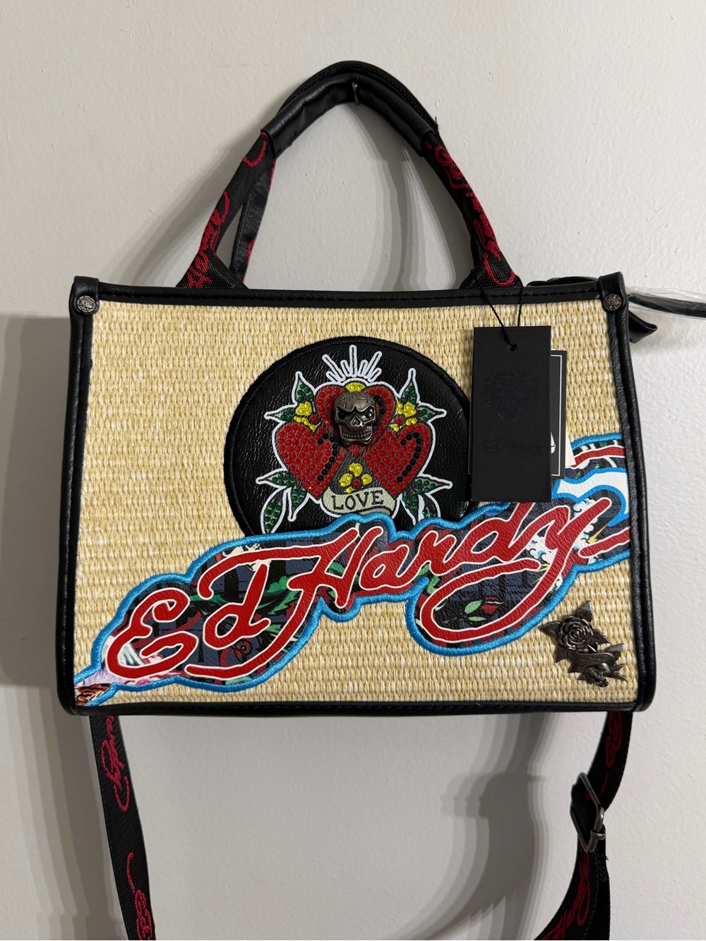Ed Hardy "Love Kills Slowly" Straw Tote Bag